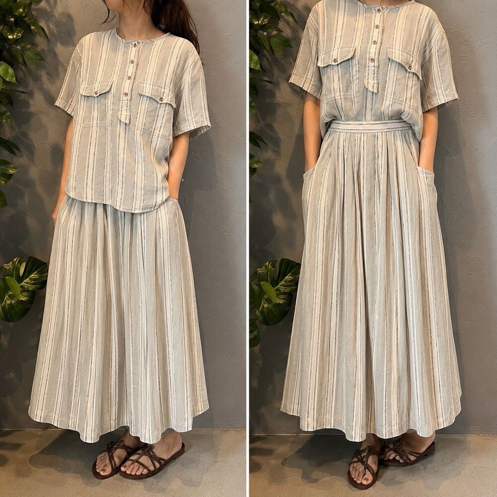 Vtg 80s 90s Liz Sport Striped Two-Piece Set Skirt 14 Popover Blouse Large